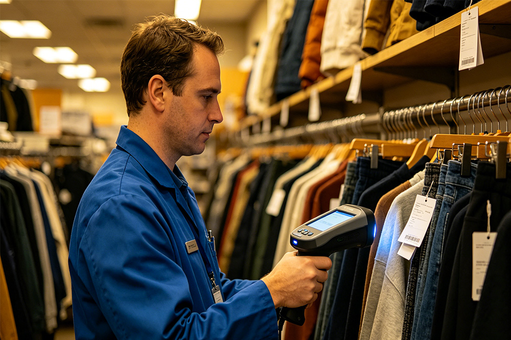 How Is RFID Used in Retail? What Stores Are Actually Using It For 1 Retail worker using handheld RFID reader for inventory counting