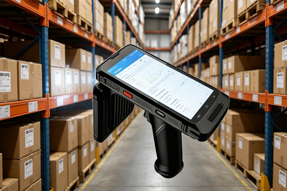RFID Tags Reader: What It Does and Why Businesses Use It 1 Handheld RFID reader scanning warehouse inventory