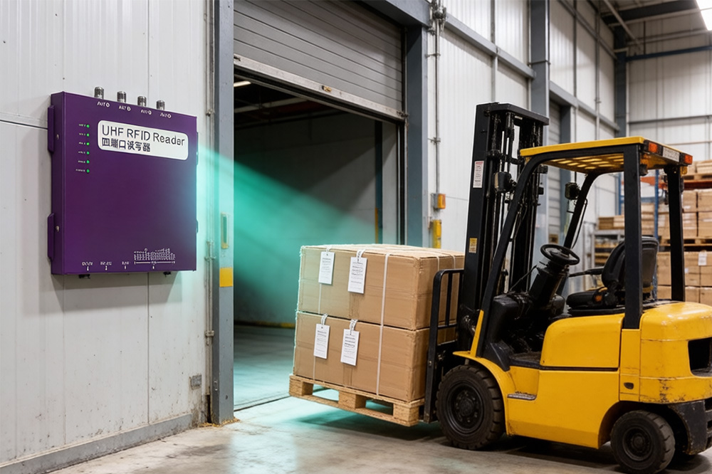 RFID Tags Reader: What It Does and Why Businesses Use It 2 Fixed RFID reader scanning pallets at loading dock