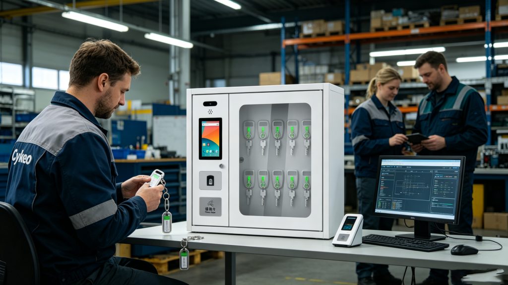Why key rfid tag is so popular? 1 Industrial maintenance staff using Cykeo UHF key RFID tags inside secure tool and key cabinet