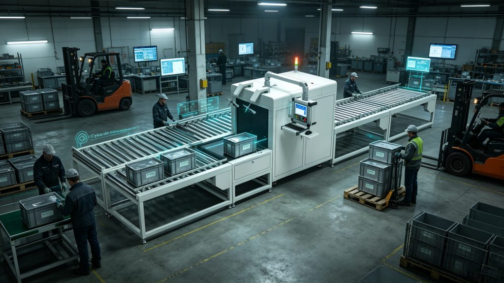 How rfid tracking system work In manufacturing? 1 Worker using Cykeo UHF RFID tracking system for manufacturing on industrial production floor