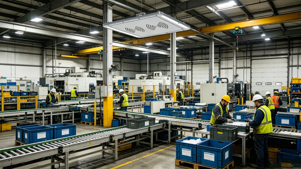 How RFID Chip Tracking System Works? 2 Ceiling mounted RFID tracking system monitoring industrial assets in factory