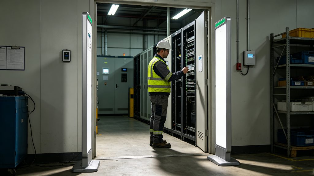 How access control kit rfid system works? 2 Technician using Cykeo UHF RFID access reader to enter secure industrial equipment room