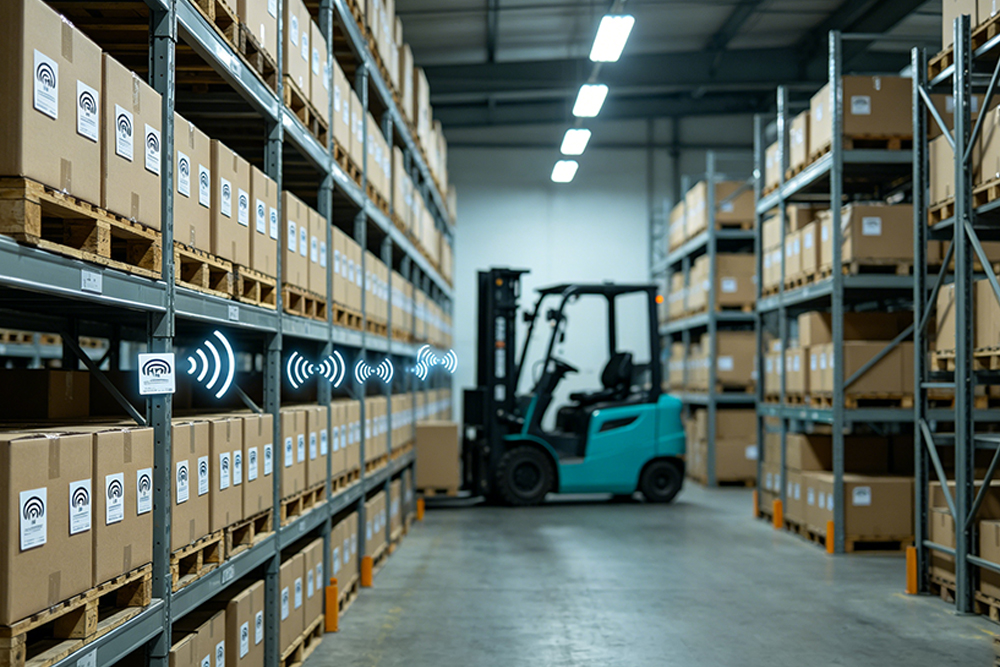 What are uhf rfid chips advantage and used for? 1 Industrial warehouse shelves with RFID tags containing UHF RFID chips used for inventory tracking