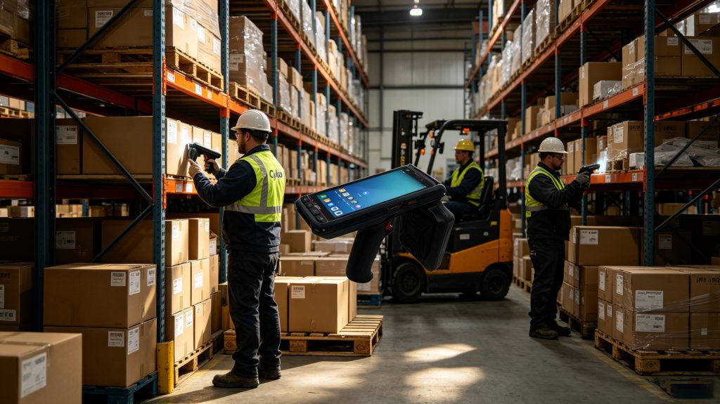 What is uhf adhesive rfid label tag? 2 Warehouse operator using Cykeo handheld RFID reader for inventory scanning