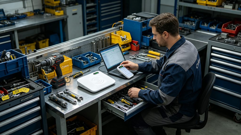 What is rfid desk reader and applications? 2 Cykeo desk reader managing RFID-tagged industrial tools at maintenance workstation