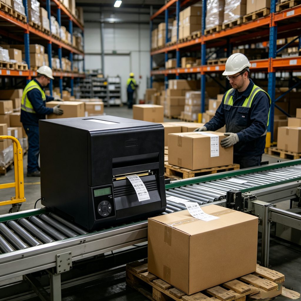 Cykeo UHF RFID labels being printed for warehouse inventory tracking
