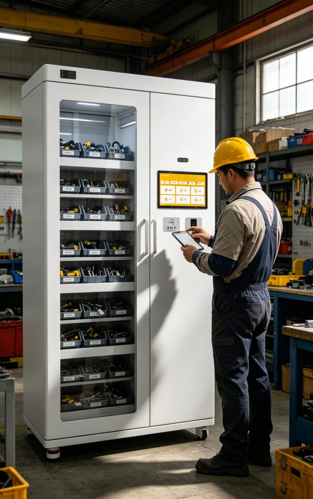 Industrial workers using Cykeo RFID devices for automated tool inventory counting
