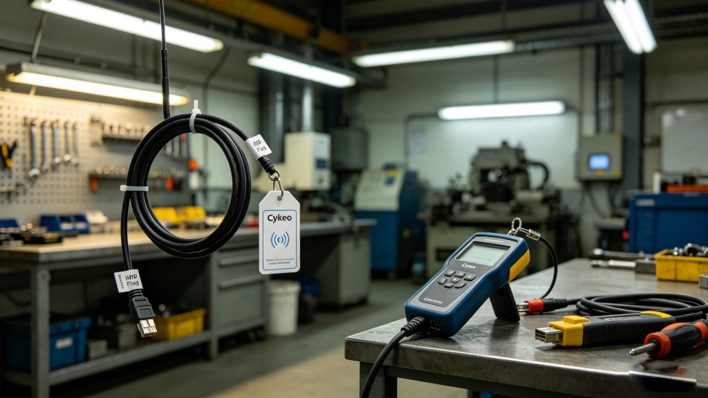 RFID flag tags attached to industrial cables for asset tracking