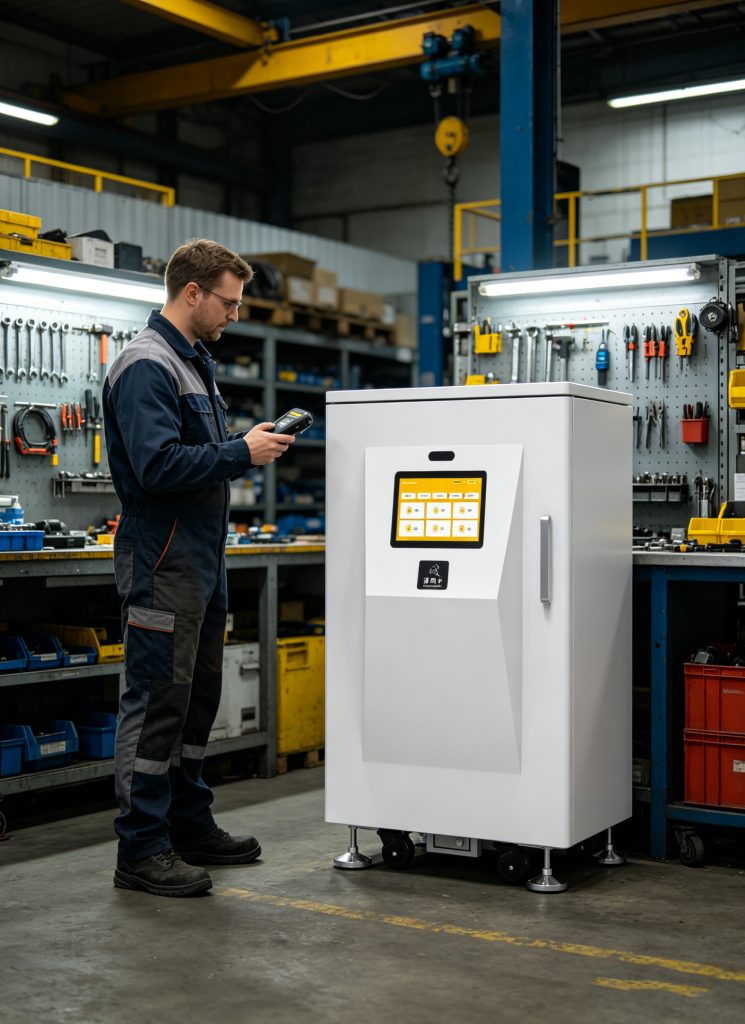 How rfid tracking devices change the asset managment 1 Technician using Cykeo UHF RFID tracking device beside industrial smart tool cabinet