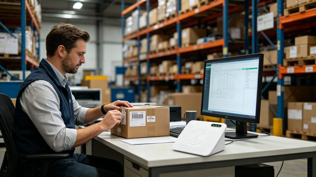 What is rfid desk reader and applications? 1 Cykeo desk reader performing ultra high frequency RFID tag registration in warehouse office