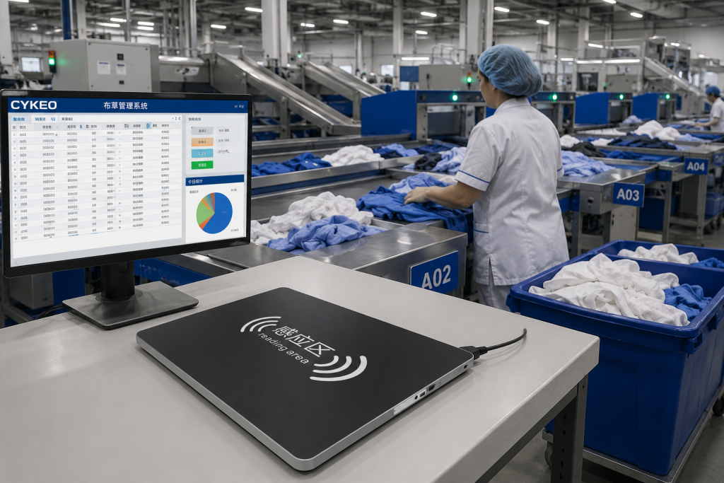 Laundry RFID Tags for Automated Linen Tracking and Laundry Management 2 Laundry RFID tags being automatically identified during textile sorting