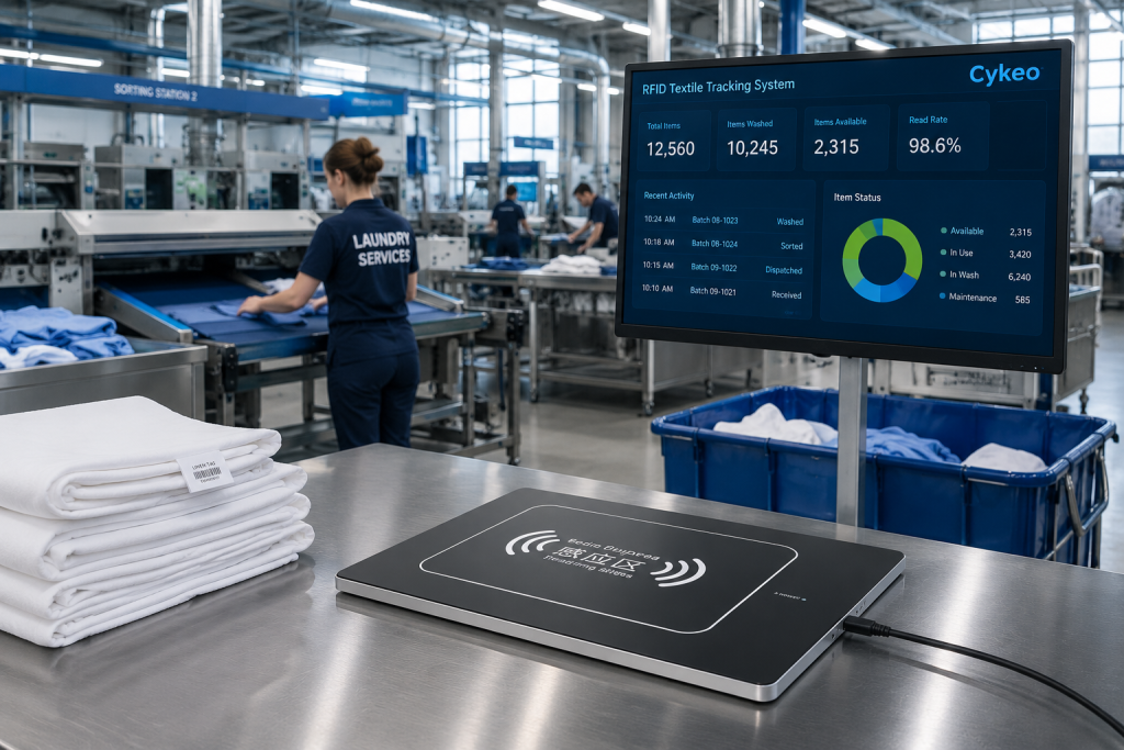 What are UHF textile services? 1 Cykeo RFID textile tracking system monitoring hospital linens in an industrial laundry facility