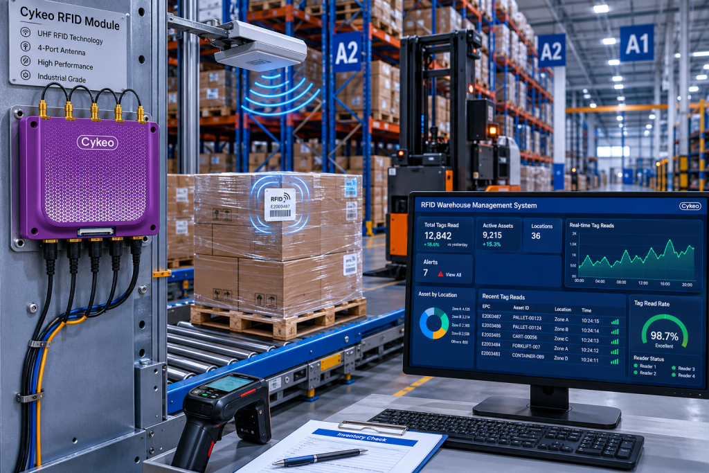 What Is Modul RFID? 2 Cykeo RFID module enabling automated warehouse inventory tracking and asset visibility.