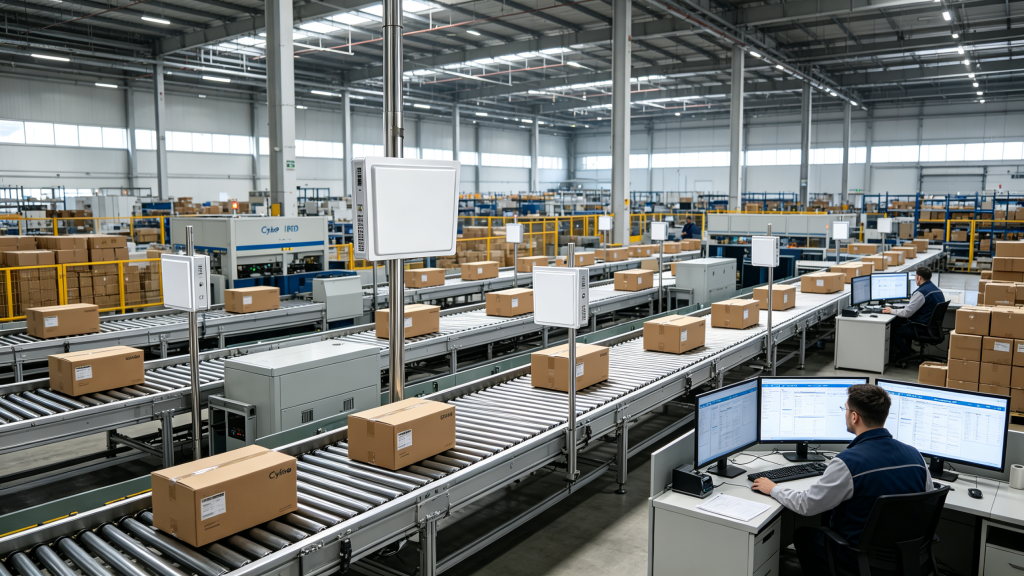 What Is RFID Tags Tracking? 1 Cykeo RFID reader tracking tagged cartons in a European logistics warehouse