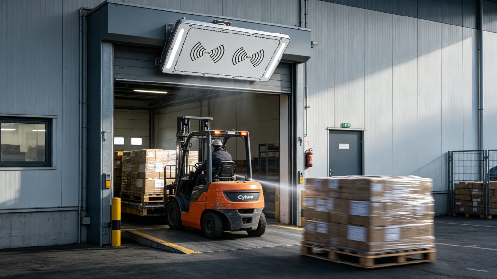 RFID-tagged pallets passing through Cykeo RFID inventory portal.
