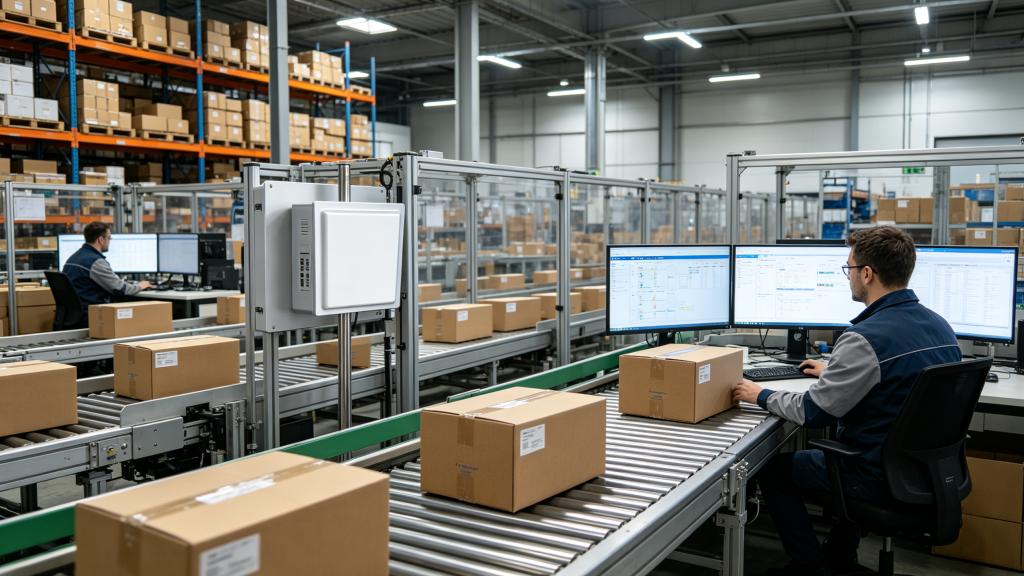 RFID-tagged cartons moving through a warehouse sorting system using Cykeo RFID technology