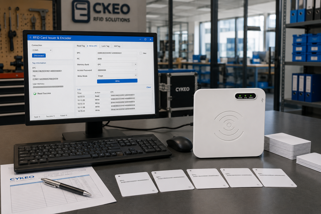 What Is EPC in RFID? 1 Cykeo RFID desktop encoder writing EPC data to RFID tags