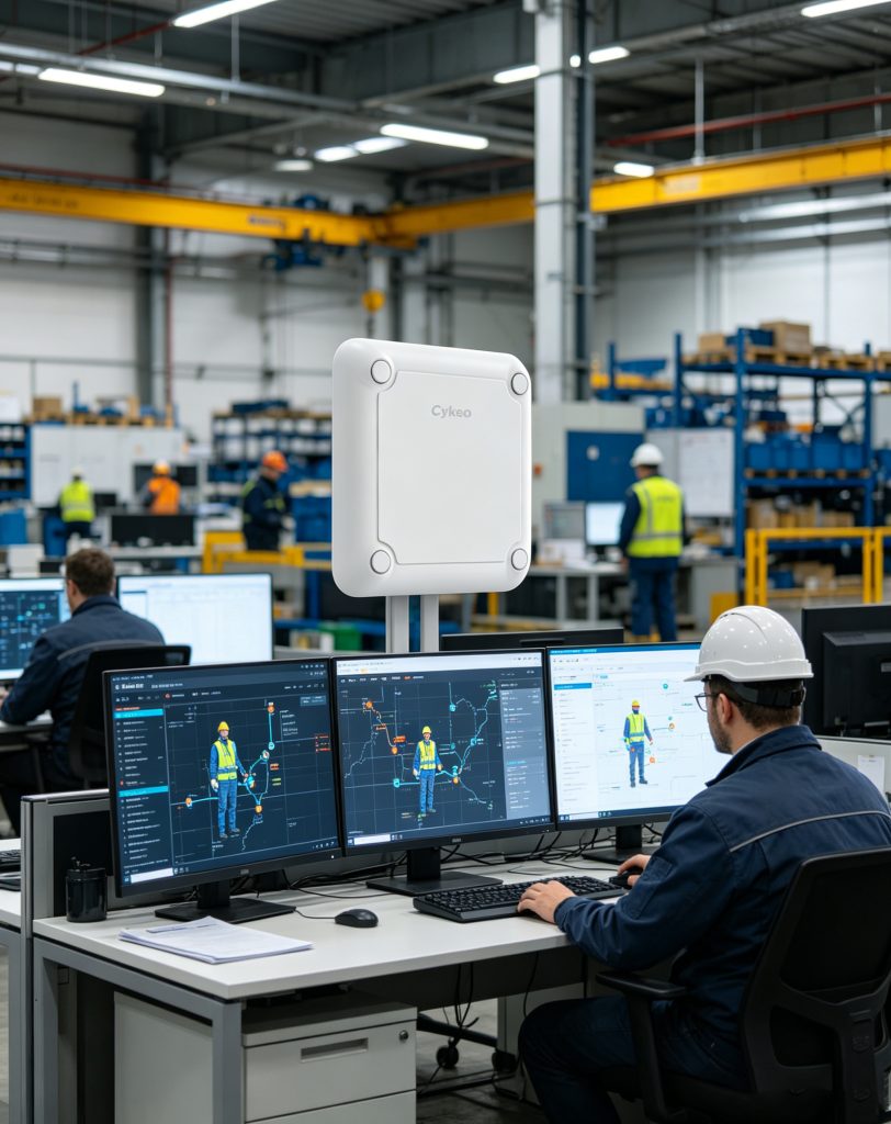 Industrial control room displaying RFID personnel tracking dashboard with Cykeo RFID technology