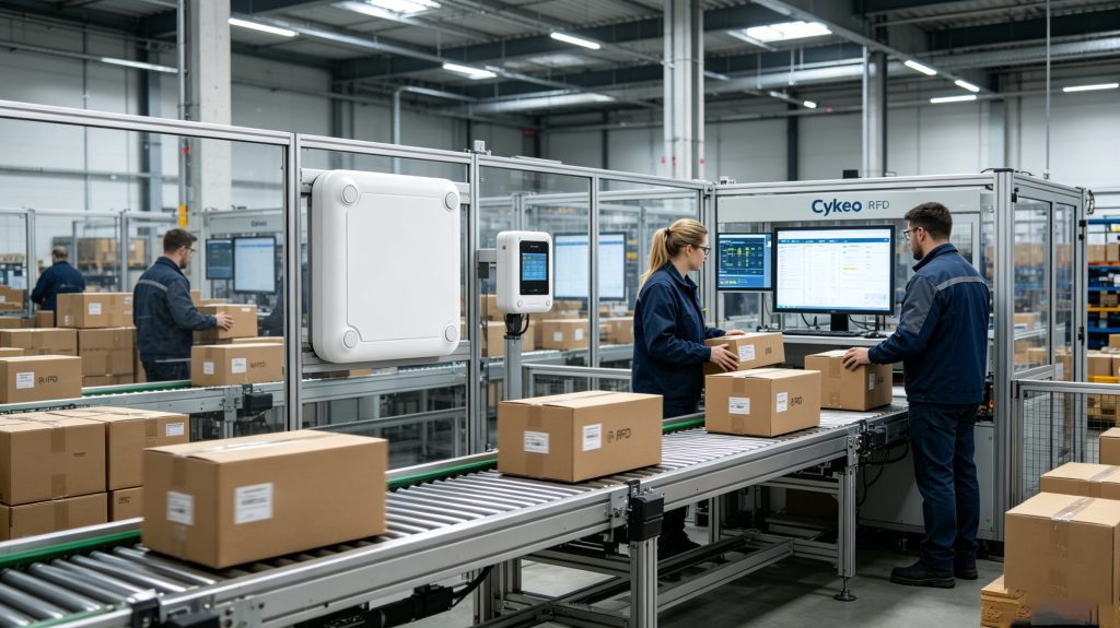 How Does RFID Product Tracking Work? 1 RFID-tagged products moving through an automated warehouse verification station