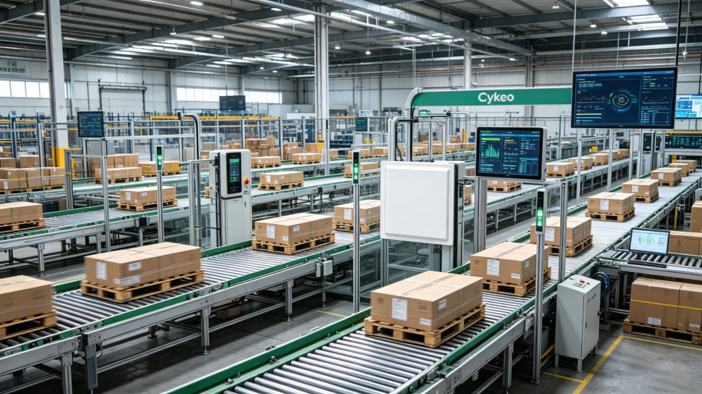 UHF tags attached to logistics pallets moving through an RFID-enabled warehouse
