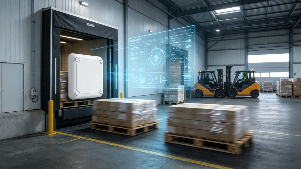Supply Chain RFID: Real-Time Visibility System for Global Logistics | Cykeo 1 RFID system scanning pallets at warehouse dock door in supply chain logistics