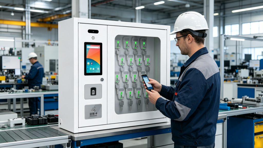 RFID keychain attached to industrial equipment keys inside a smart key cabinet