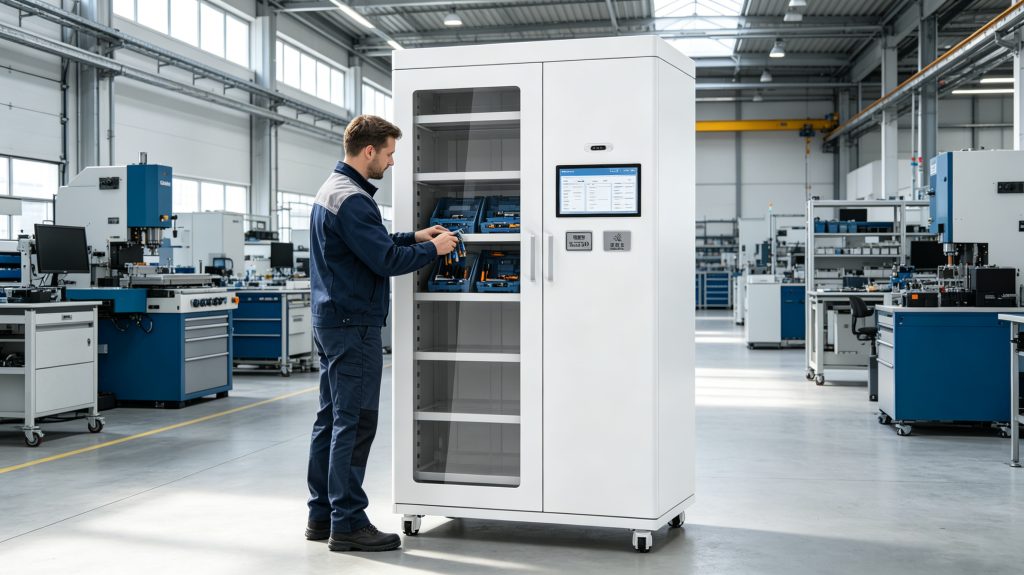 Technician borrowing RFID-tagged tools from Cykeo smart cabinet
