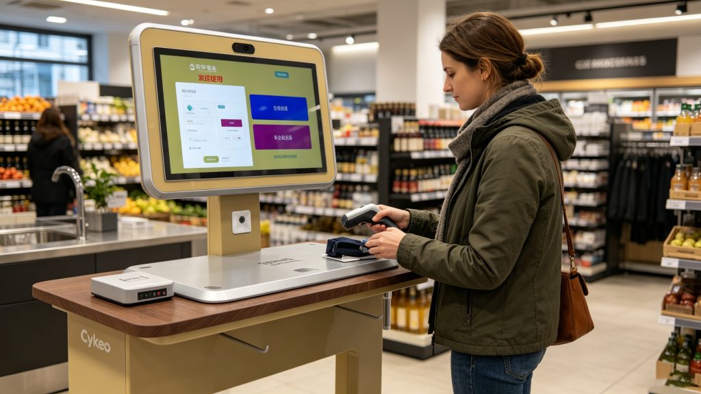 Retail Security Tag System Self-Checkout RFID Solution 1 retail security tag system with customer self-checkout, Cykeo terminal visible