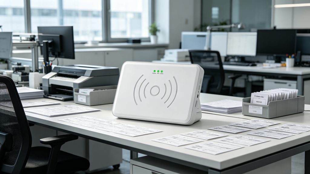 Cykeo D2L desktop RFID encoder programming UHF tags in an industrial asset management office