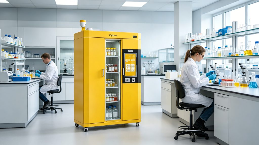 What is Lab Logistics Tracking? 1 Cykeo RFID hazardous chemical cabinet supporting laboratory logistics tracking in a modern European laboratory
