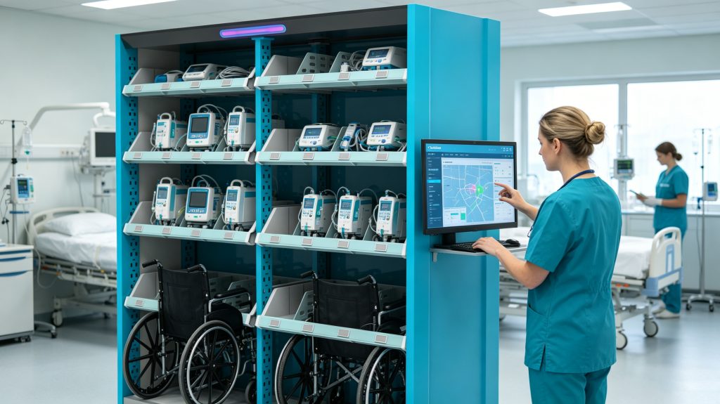 RFID in Hospitals: How Smart RFID Technology Improves Medical Asset Management 2 Hospital staff locating RFID-tagged medical equipment using automated tracking software