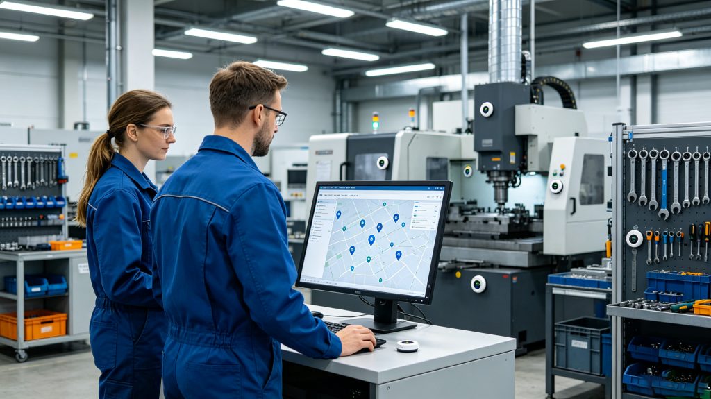 Industrial tools equipped with asset tracking beacons inside a manufacturing facility