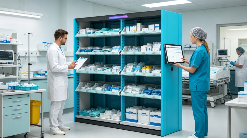 RFID in Hospitals: How Smart RFID Technology Improves Medical Asset Management 1 RFID smart shelf automatically monitoring medical inventory in a hospital storage room