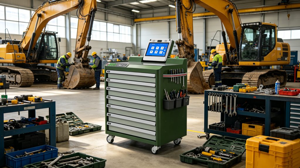 RFID tool tracking cabinet monitoring industrial maintenance tools in a European heavy equipment workshop