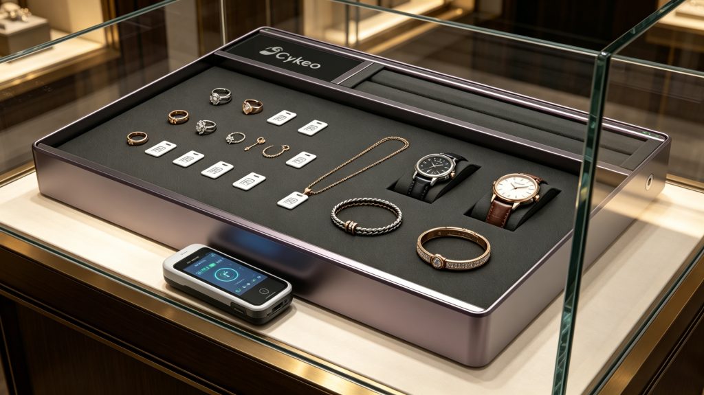 How RFID Jewelry Tags Smart Inventory Management 1 RFID jewelry tags attached to rings and necklaces inside a luxury jewelry store