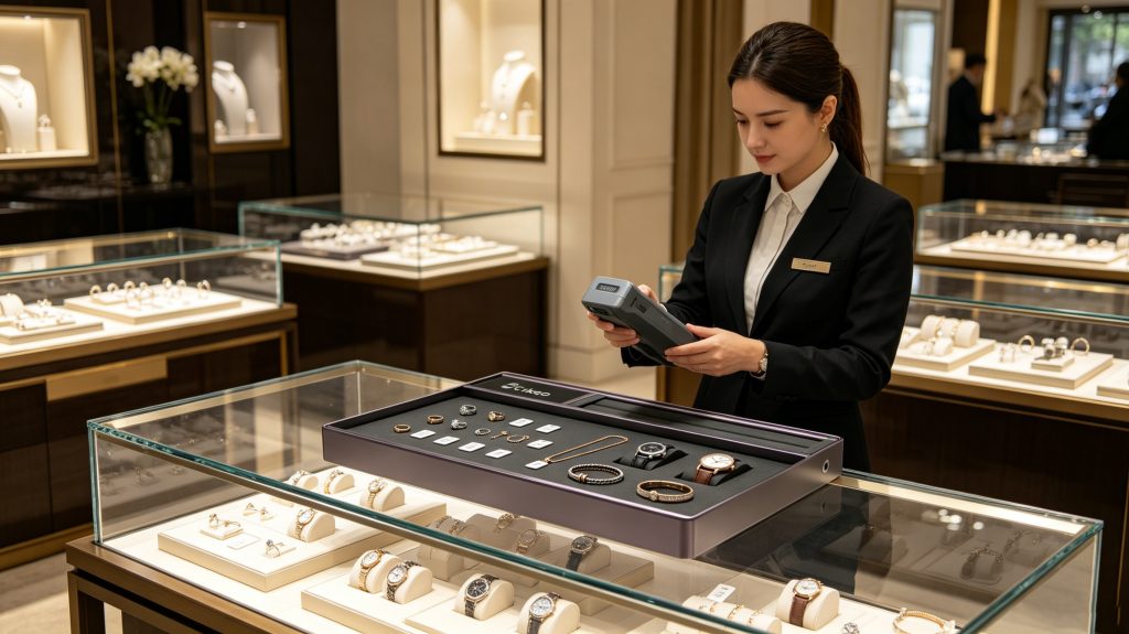 How RFID Jewelry Tags Smart Inventory Management 2 Employee using RFID jewelry tracking system to count inventory in a jewelry showroom