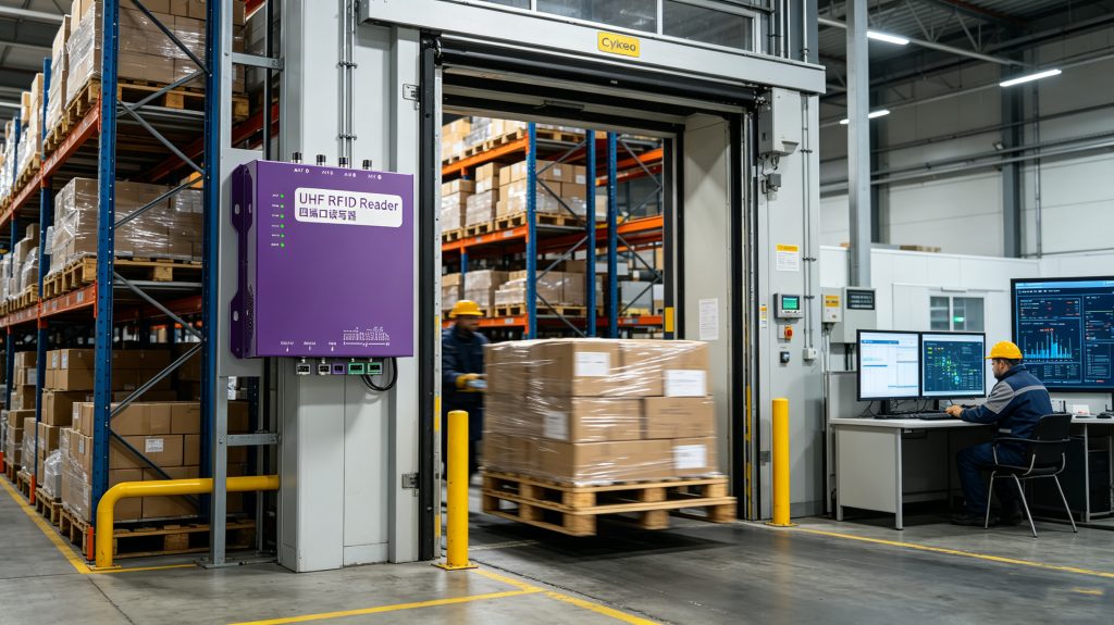 Cykeo RFID reader monitoring pallet movements inside a European logistics warehouse