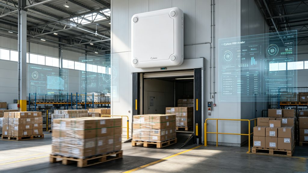 What Is the RFID Frequency Range? 1 Cykeo UHF RFID reader monitoring pallet movement inside a European logistics warehouse
