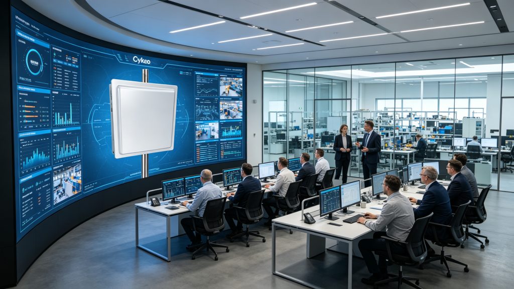 Factory operators monitoring RFID production tracking data through industrial dashboards