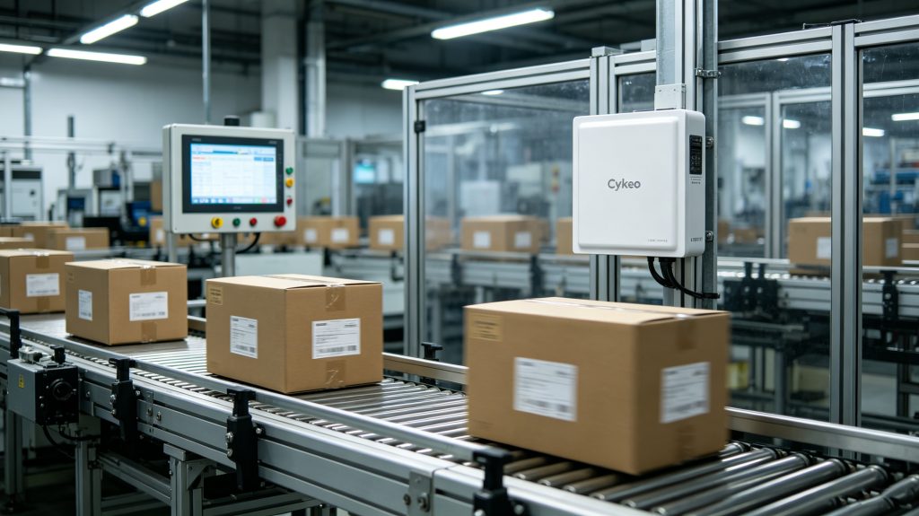 RFID UHF Reader: Industrial-Grade Long Range Identification System | Cykeo 2 RFID UHF reader scanning tagged boxes on industrial conveyor