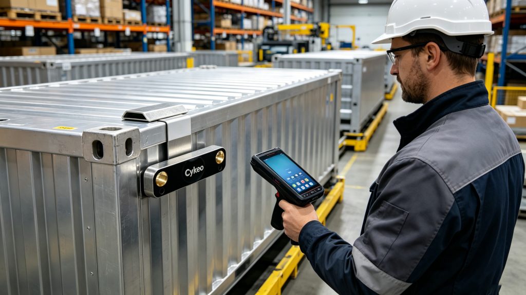 What Is RFID Metal Tag? 2 Warehouse worker scanning RFID metal tags on industrial containers