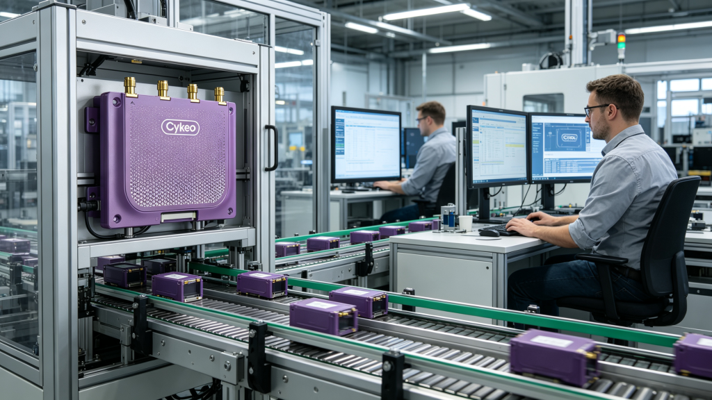 Cykeo RFID reader module monitoring RFID-tagged products on an automated production line