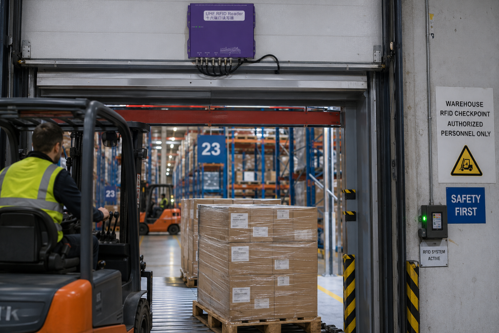 RFID Tag Location Tracking: How RFID Technology Delivers Real-Time Asset Visibility 1 Cykeo RFID reader monitoring tagged assets at warehouse entrance