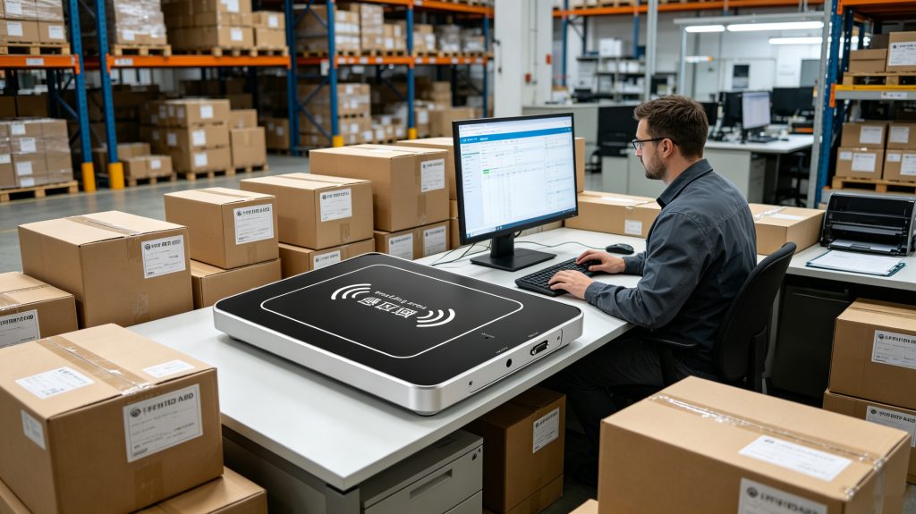 High-Speed RFID Desktop Platform Reader Writer Machine 3 reader writer machine processing inventory with multiple RFID-tagged items
