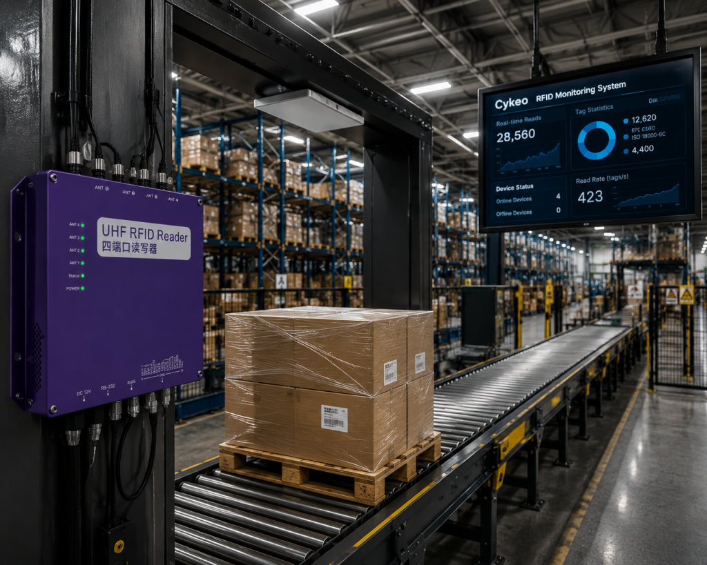 reader/writer High-Performance UHF RFID System for Industrial Automation 1 reader/writer RFID installed at warehouse gate