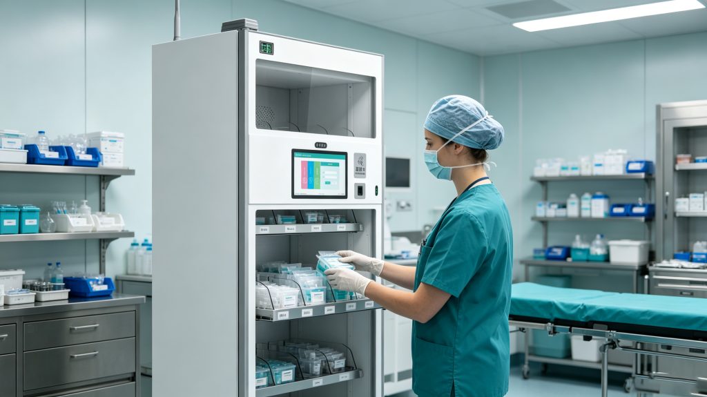 What Is Hospital RFID Technology? 1 Nurse retrieving RFID-tagged surgical consumables from smart inventory cabinet