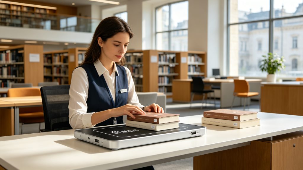 High-Speed RFID Desktop Platform Reader Writer Machine 1 reader writer machine processing multiple RFID tags on library desk