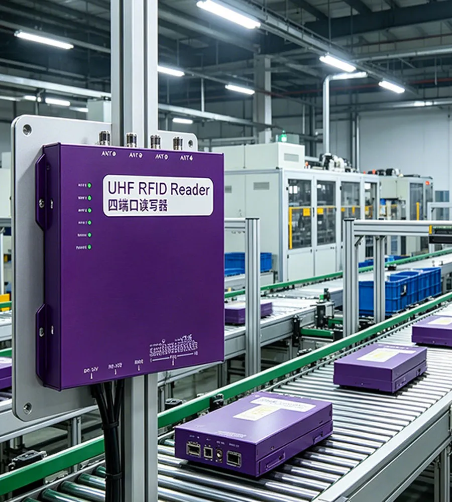 Industrial fixed RFID reader connected to multiple RFID antennas for automated asset tracking and inventory management