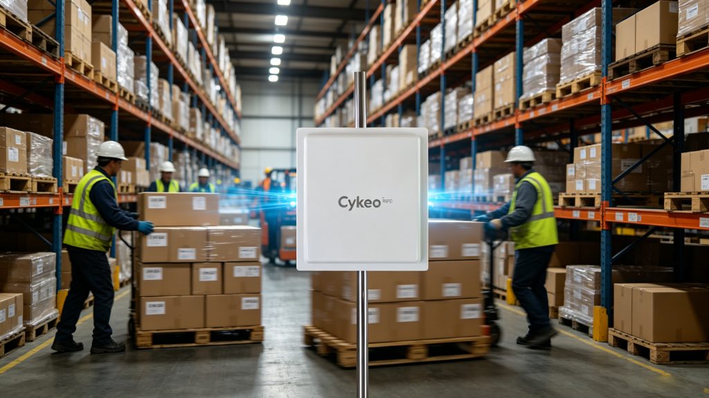 RFID reader for inventory management tracking tagged cartons in a logistics warehouse